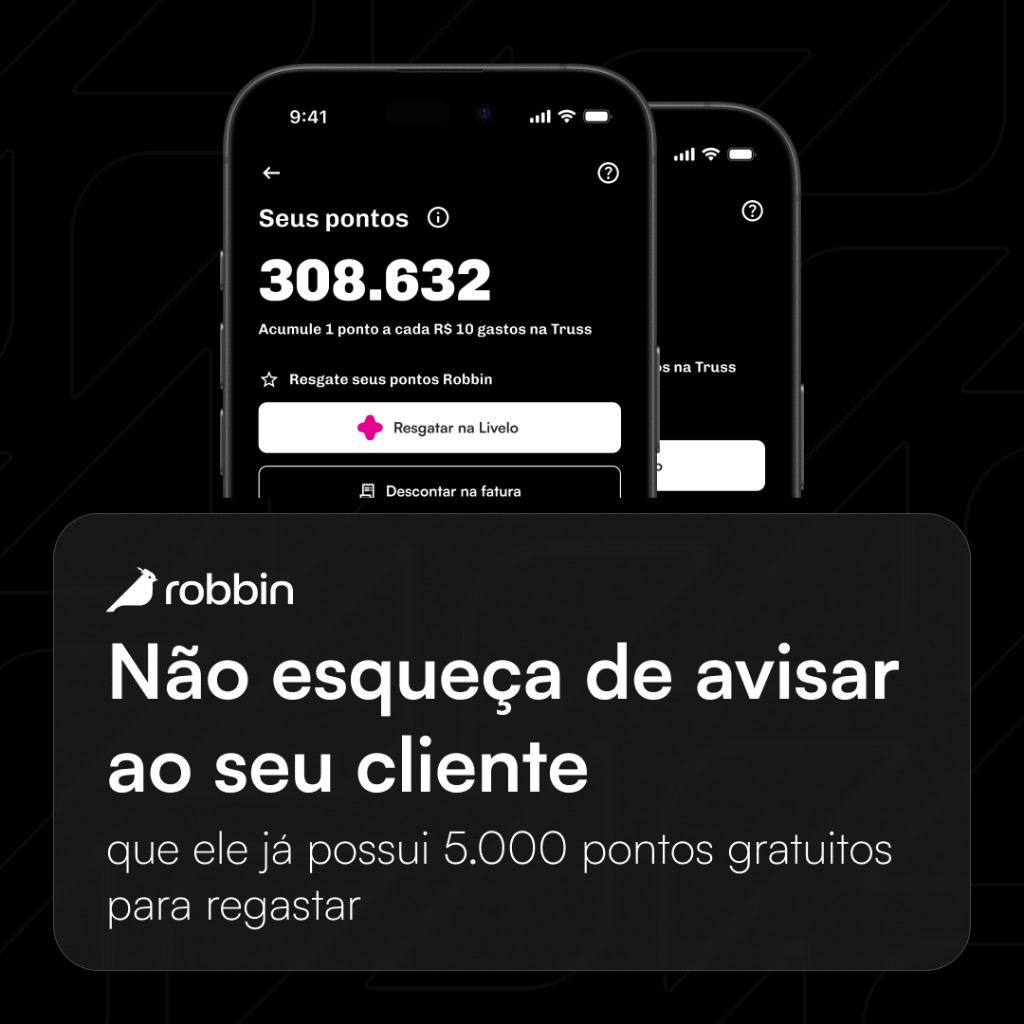 Cartão lembrete Robbin com o app de pontos e opções de resgate.